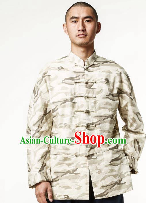 Asian China National Costume Martial Arts Kung Fu White Camouflage Coat, Traditional Chinese Tang Suit Upper Outer Garment Jacket Clothing for Men