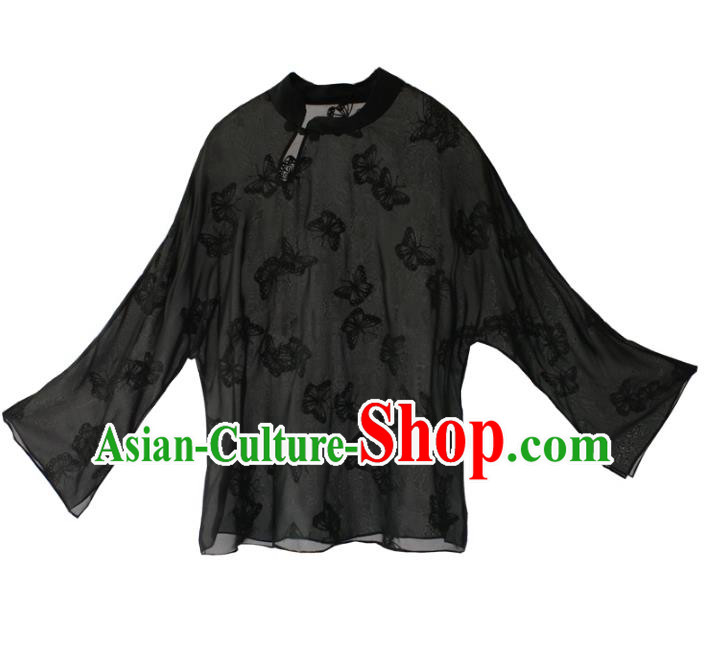 Asian China National Costume Black Silk Hanfu Blouse, Traditional Chinese Tang Suit Cheongsam Shirts Upper Outer Garment Clothing for Women
