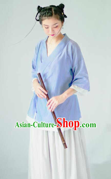 Asian China National Costume Slant Opening Blue Hanfu Blouse, Traditional Chinese Tang Suit Cheongsam Shirts Upper Outer Garment Clothing for Women