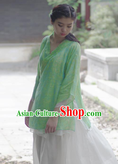Asian China National Costume Slant Opening Green Hanfu Printing Blouse, Traditional Chinese Tang Suit Cheongsam Shirts Upper Outer Garment Clothing for Women