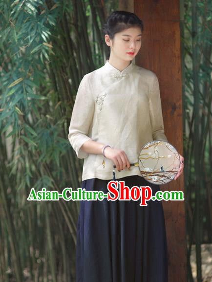 Asian China National Costume Slant Opening Beige Hanfu Blouse, Traditional Chinese Tang Suit Cheongsam Shirts Upper Outer Garment Clothing for Women
