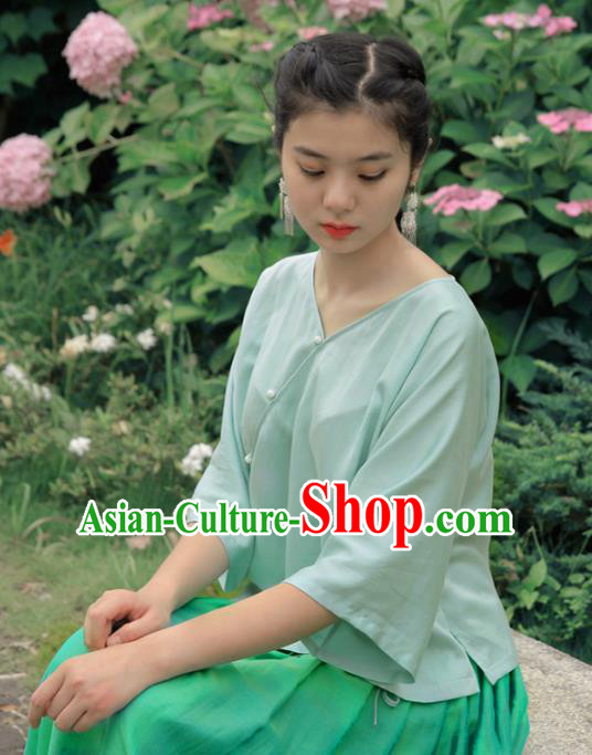 Asian China National Costume Slant Opening Green Silk Hanfu Blouse, Traditional Chinese Tang Suit Cheongsam Shirts Upper Outer Garment Clothing for Women