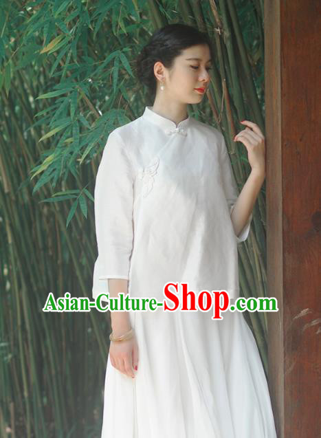 Asian China National Costume Slant Opening White Silk Hanfu Qipao Blouse, Traditional Chinese Tang Suit Cheongsam Shirts Upper Outer Garment Clothing for Women