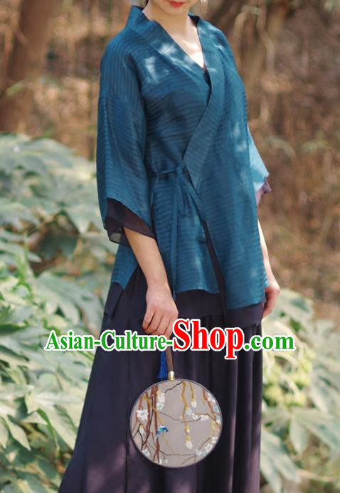Asian China National Costume Slant Opening Blue Silk Hanfu Qipao Shirts, Traditional Chinese Tang Suit Cheongsam Blouse Clothing for Women