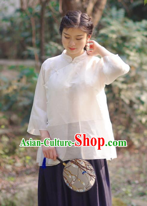 Asian China National Costume Slant Opening White Silk Hanfu Qipao Shirts, Traditional Chinese Tang Suit Cheongsam Blouse Clothing for Women