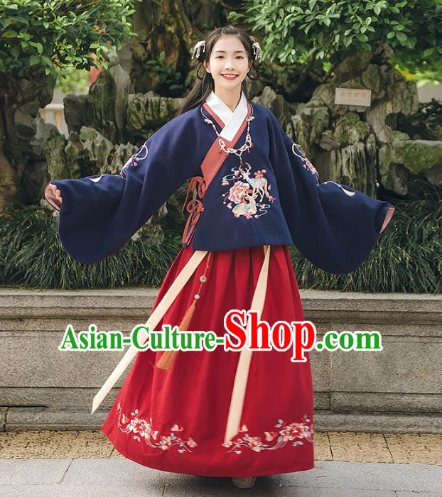 Asian China Ming Dynasty Palace Lady Embroidered Costume, Traditional Ancient Chinese Princess Elegant Hanfu Navy Sleeve Placket Blouse for Women