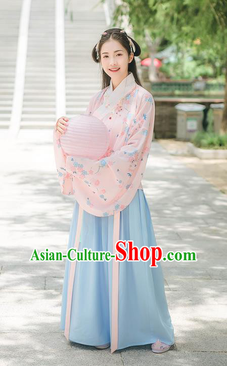 Asian China Ming Dynasty Princess Costume Printing Pink Blouse and Blue Skirt, Traditional Ancient Chinese Elegant Princess Hanfu Clothing for Women