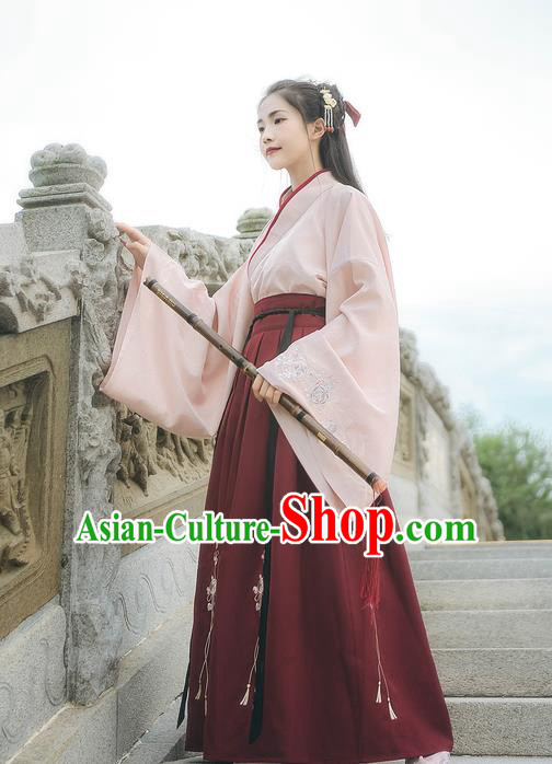 Asian China Ming Dynasty Princess Costume Embroidery Pink Blouse and Red Skirt, Traditional Ancient Chinese Princess Elegant Hanfu Clothing for Women