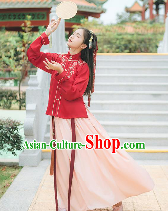 Asian China Ming Dynasty Palace Lady Costume Embroidery Red Blouse and Pink Skirt, Traditional Ancient Chinese Princess Elegant Hanfu Clothing for Women