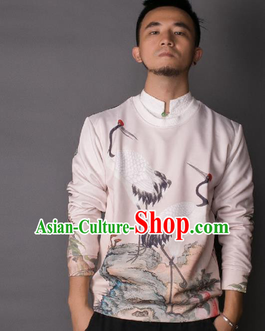Asian China National Costume Printing Crane Sweater, Traditional Chinese Tang Suit Hoodie Clothing for Men