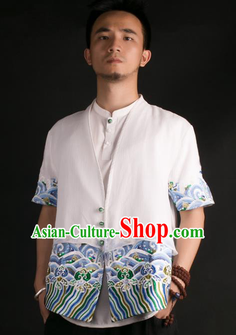 Asian China National Costume Embroidered White Shirt, Traditional Chinese Tang Suit Underwear Clothing for Men