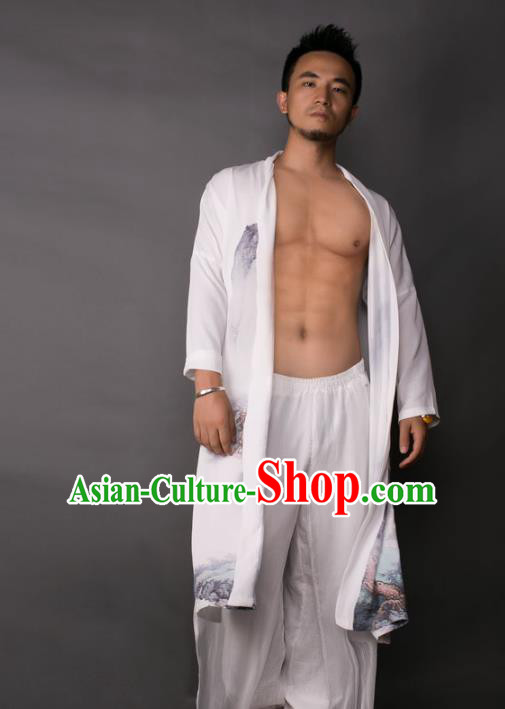 Asian China National Costume Ink Painting Dust Coat, Traditional Chinese Tang Suit Long Cardigan Clothing for Men