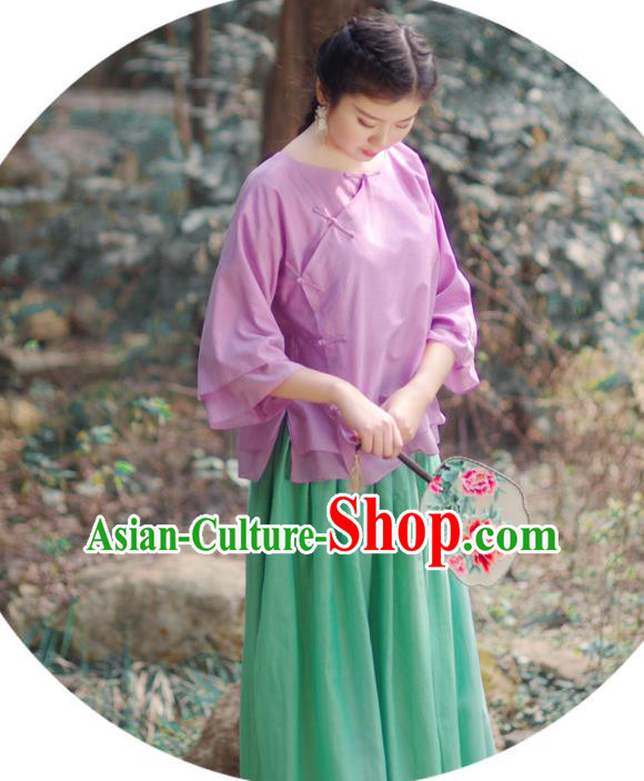 Asian China National Costume Slant Opening Purple Silk Hanfu Qipao Shirts, Traditional Chinese Tang Suit Cheongsam Blouse Clothing for Women