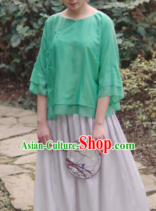 Asian China National Costume Slant Opening Green Silk Hanfu Qipao Shirts, Traditional Chinese Tang Suit Cheongsam Blouse Clothing for Women