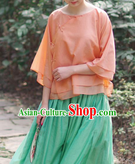 Asian China National Costume Slant Opening Orange Silk Hanfu Qipao Shirts, Traditional Chinese Tang Suit Cheongsam Blouse Clothing for Women