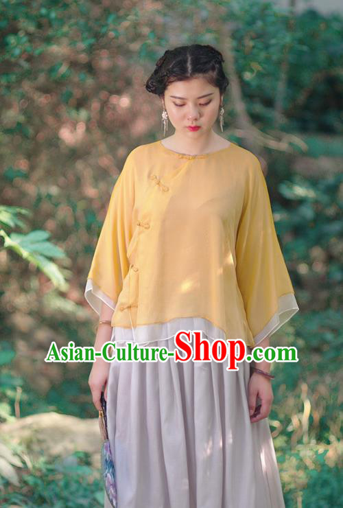 Asian China National Costume Slant Opening Yellow Silk Hanfu Qipao Shirts Upper Outer Garment, Traditional Chinese Tang Suit Cheongsam Blouse Clothing for Women