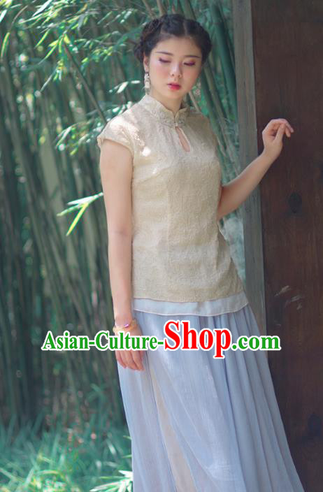 Asian China National Costume Beige Embroidered Hanfu Qipao Shirts Upper Outer Garment, Traditional Chinese Tang Suit Cheongsam Blouse Clothing for Women