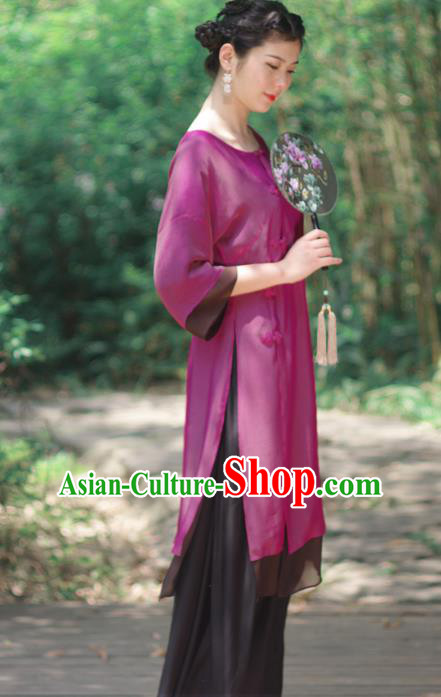Asian China National Costume Slant Opening Purple Silk Hanfu Qipao Dress, Traditional Chinese Tang Suit Plated Buttons Cheongsam Clothing for Women