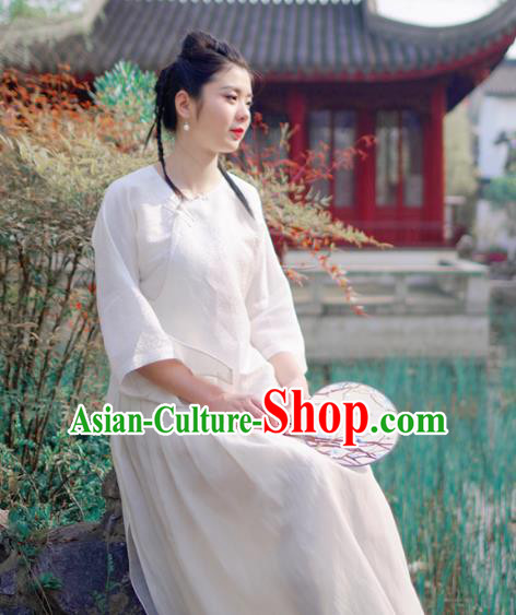 Asian China National Costume White Linen Hanfu Qipao Shirts Upper Outer Garment, Traditional Chinese Tang Suit Cheongsam Blouse for Women