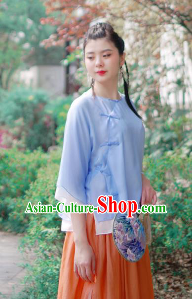 Asian China National Costume Blue Silk Hanfu Qipao Shirts Upper Outer Garment, Traditional Chinese Tang Suit Cheongsam Blouse for Women