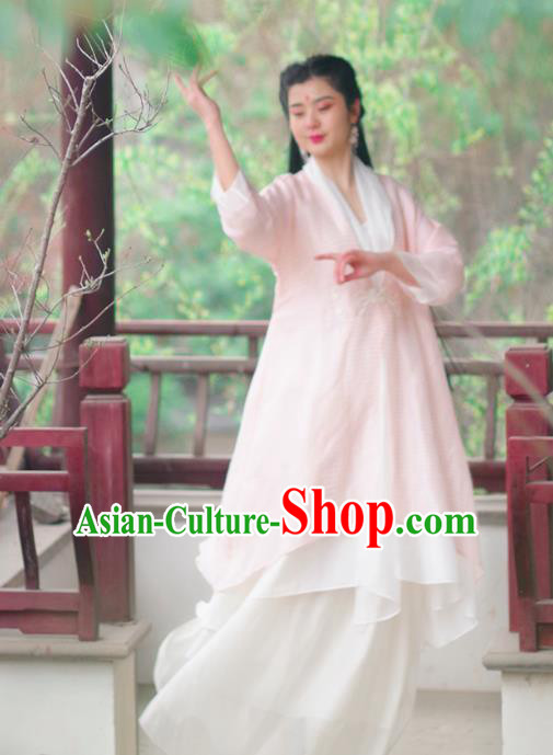 Asian China National Costume Pink Silk Hanfu Robe, Traditional Chinese Tang Suit Cheongsam Shirts Upper Outer Garment Clothing for Women