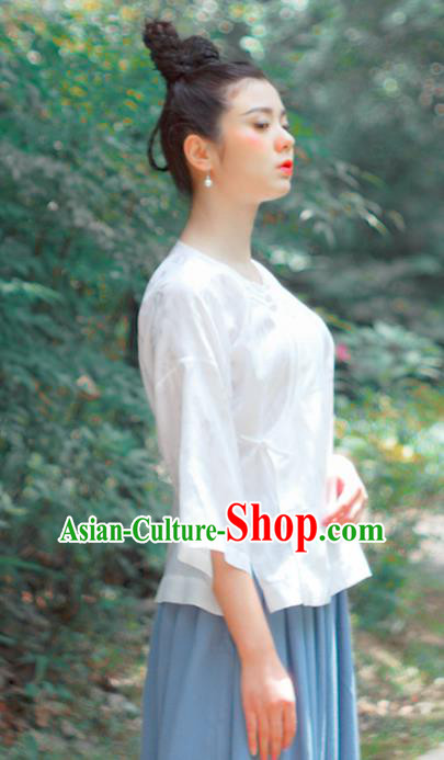 Asian China National Costume Hanfu Plated Buttons Qipao White Satin Shirts Upper Outer Garment, Traditional Chinese Tang Suit Cheongsam Blouse for Women