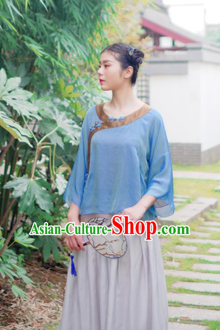 Asian China National Costume Hanfu Slant Opening Blue Silk Qipao Blouse, Traditional Chinese Tang Suit Cheongsam Shirts Clothing for Women