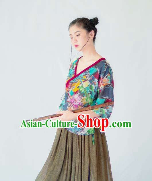 Asian China National Costume Hanfu Slant Opening Printing Green Silk Qipao Blouse, Traditional Chinese Tang Suit Cheongsam Shirts Clothing for Women