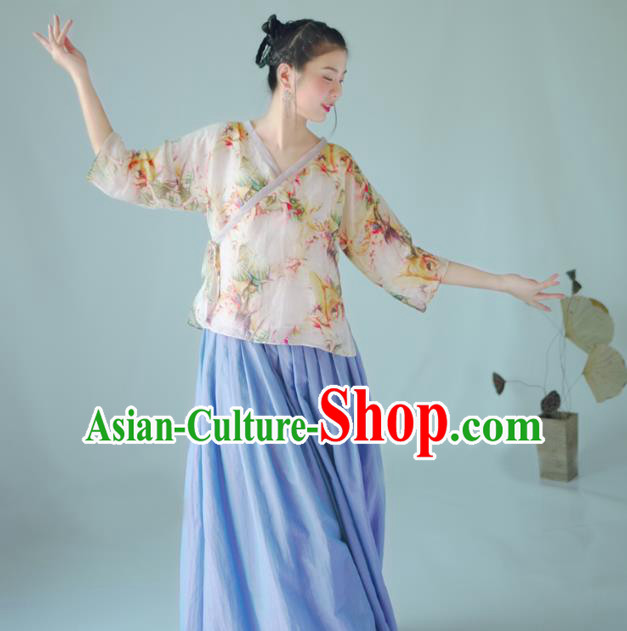 Asian China National Costume Hanfu Slant Opening Printing Flowers Silk Qipao Blouse, Traditional Chinese Tang Suit Cheongsam Shirts Clothing for Women