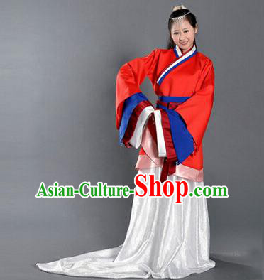 Asian China Ancient Han Dynasty Palace Lady Costume, Traditional Chinese Imperial Empress Tailing Embroidered Red Curve Bottom Clothing for Women