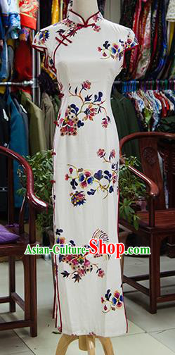 Traditional Ancient Chinese Republic of China White Cheongsam, Asian Chinese Chirpaur Printing Flower Qipao Dress Clothing for Women