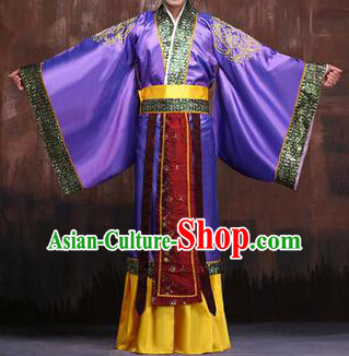 Traditional Ancient Chinese Emperor Royal Highness Costume, Asian Chinese Han Dynasty Majesty Purple Clothing for Men