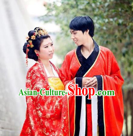 Traditional Chinese Ancient Wedding Costume Complete Set, Asian China Tang Dynasty Bride and Bridegroom Red Clothing for Women for Men