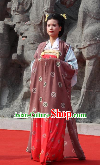 Traditional Chinese Ancient Palace Lady Brown Costume Complete Set, Asian China Tang Dynasty Imperial Concubine Dress Clothing for Women