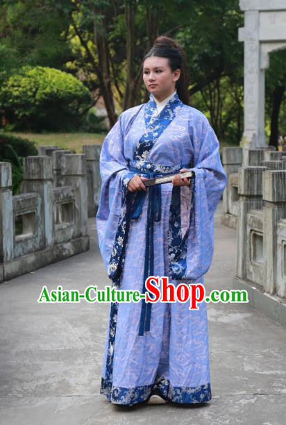 Traditional Ancient Chinese Scholar Hanfu Costume, Asian China Han Dynasty Swordsman Blue Robe Clothing for Men