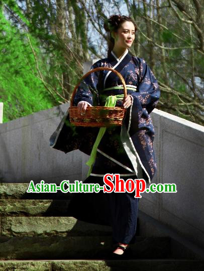 Traditional Chinese Ancient Costume Palace Lady Navy Printing Curve Bottom, Asian China Han Dynasty Imperial Princess Hanfu Dress Clothing for Women
