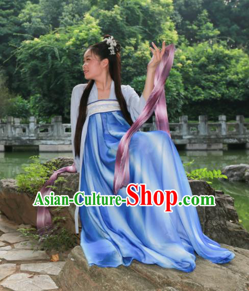 Traditional Ancient Chinese Princess Hanfu Costume, Asian China Tang Dynasty Palace Lady Blue Dress Clothing for Women
