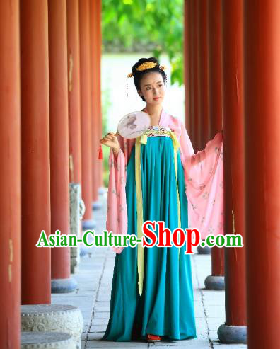 Traditional Chinese Ancient Palace Lady Blue Slip Skirt Costume, Asian China Tang Dynasty Imperial Concubine Hanfu Dress Clothing for Women
