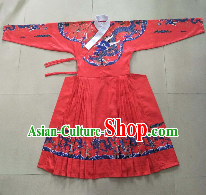 Traditional Ancient Chinese Swordsman Hanfu Costume Red Embroidered Robe, Asian China Ming Dynasty Emperor Clothing for Men