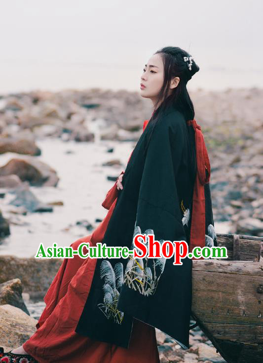 Traditional Ancient Chinese Hanfu Embroidered Black Cloak Costume, Asian China Han Dynasty Imperial Prince Cardigan Clothing for Men