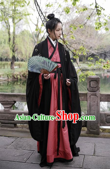 Traditional Ancient Chinese Swordsman Hanfu Costume Embroidered Black Cloak and Robe, Asian China Han Dynasty Scholar Clothing for Men