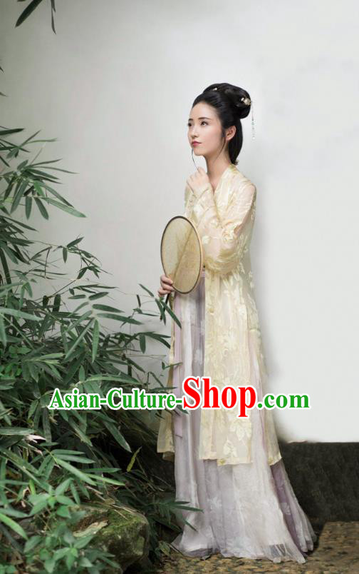 Traditional Chinese Ancient Costume Palace Lady Embroidered Yellow BeiZi and Skirt, Asian China Song Dynasty Imperial Princess Hanfu Dress Clothing for Women