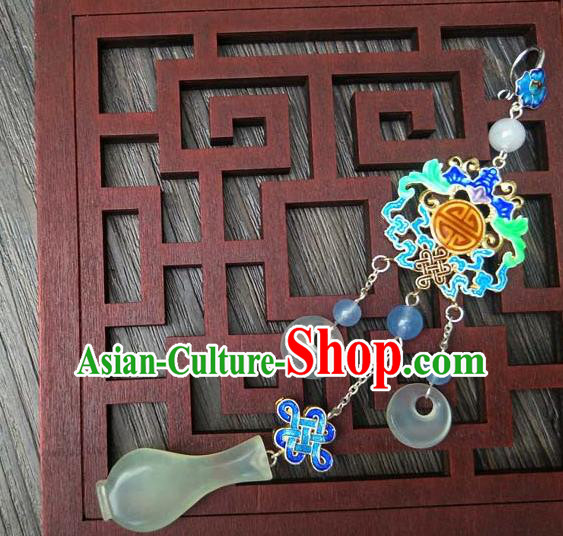 Traditional Handmade Chinese Ancient Classical Hanfu Wedding Accessories Tassel Jade Pendant Blueing Brooch for Women