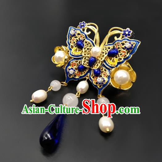 Traditional Handmade Chinese Ancient Classical Hanfu Blueing Butterfly Breastpin Brooch for Women