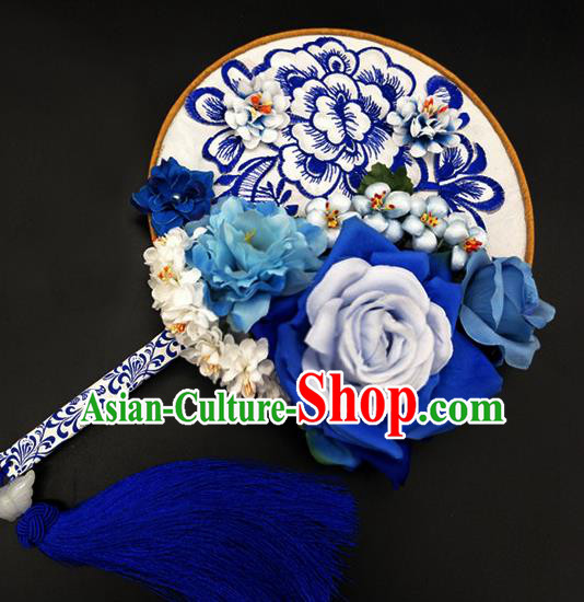 Traditional Handmade Chinese Ancient Classical Hanfu Palace Lady Embroidered Blue Round Fans for Women