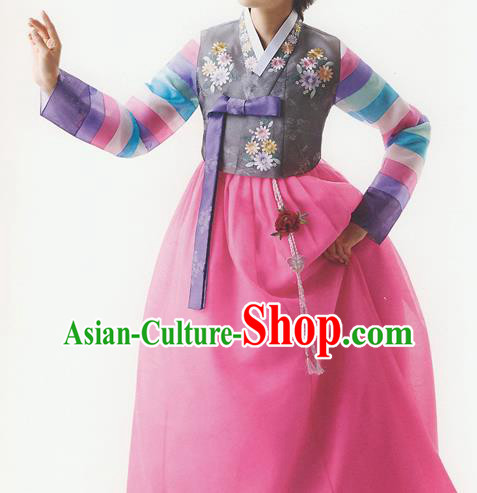 Traditional Korean Costumes Bride Formal Attire Ceremonial Grey Blouse and Full Dress, Korea Hanbok Court Embroidered Wedding Clothing for Women