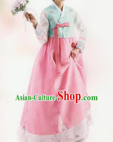 Traditional Korean Costumes Bride Formal Attire Ceremonial Blue Blouse and Full Dress, Korea Hanbok Court Embroidered Clothing for Women