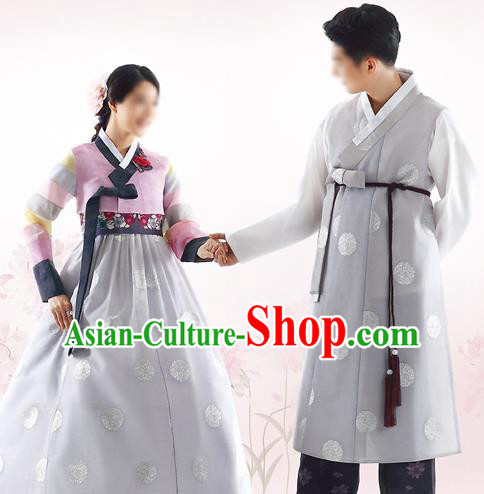Traditional Korean Costumes Bride and Bridegroom Formal Attire Ceremonial Grey Clothes, Korea Hanbok Court Embroidered Clothing for Women for Men