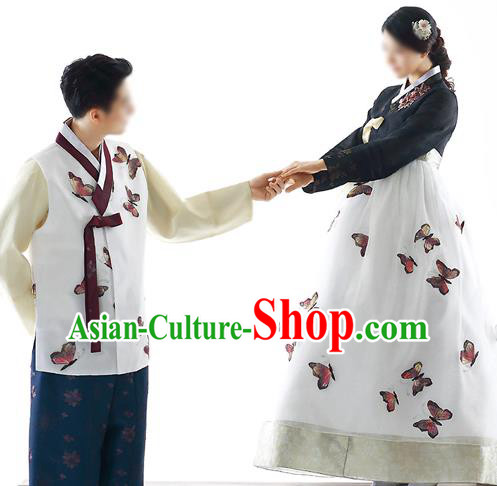 Traditional Korean Costumes Bride and Bridegroom Formal Attire Ceremonial White Clothes, Korea Hanbok Court Embroidered Clothing for Women for Men