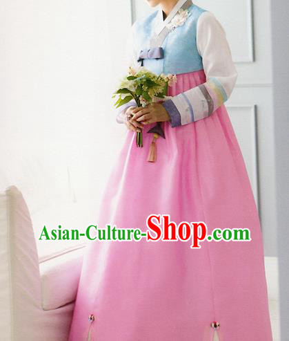 Traditional Korean Costumes Bride Formal Attire Ceremonial Blue Blouse and Pink Dress, Korea Hanbok Court Embroidered Clothing for Women